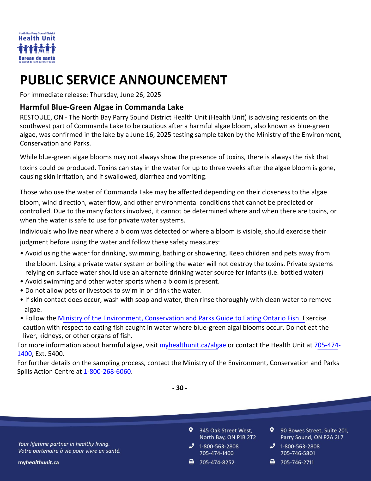 Public Announce of Harmful Blue Green Algea in Commanda Lake
