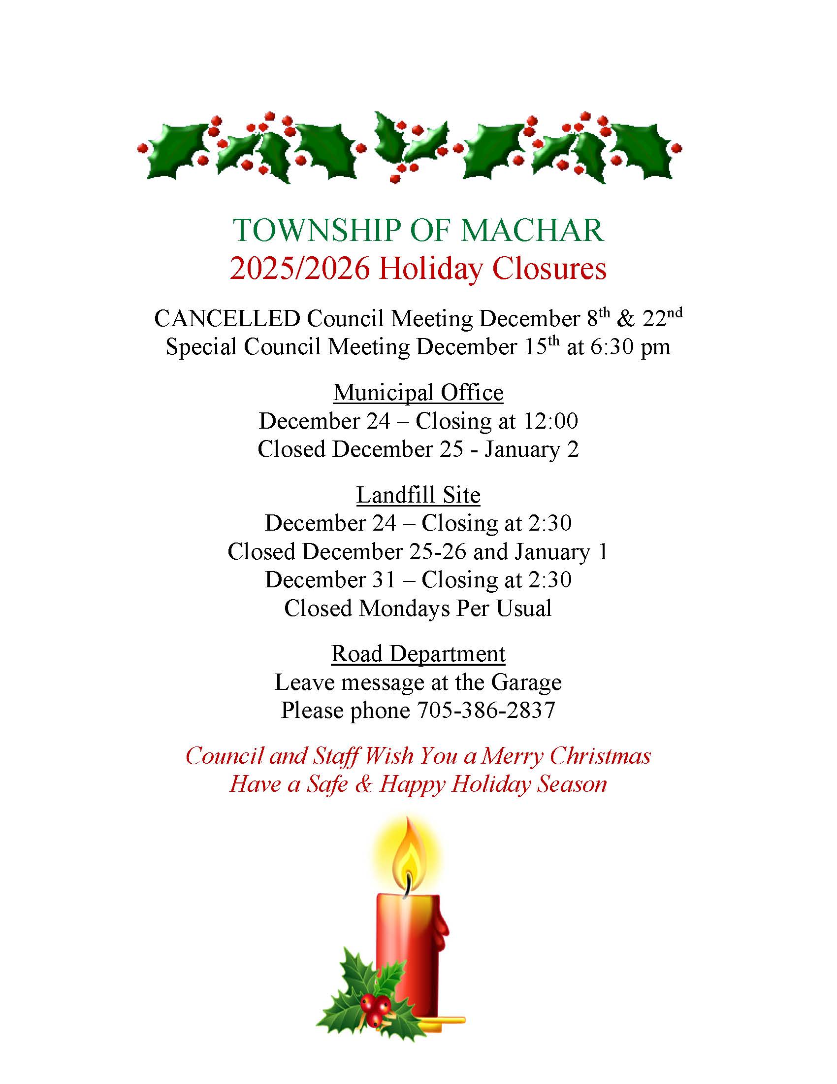 Holiday 2025/2026 Closures