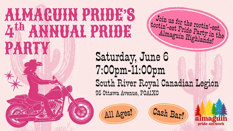 pink poster detailing Almaguin Pride's 4th annual pride party