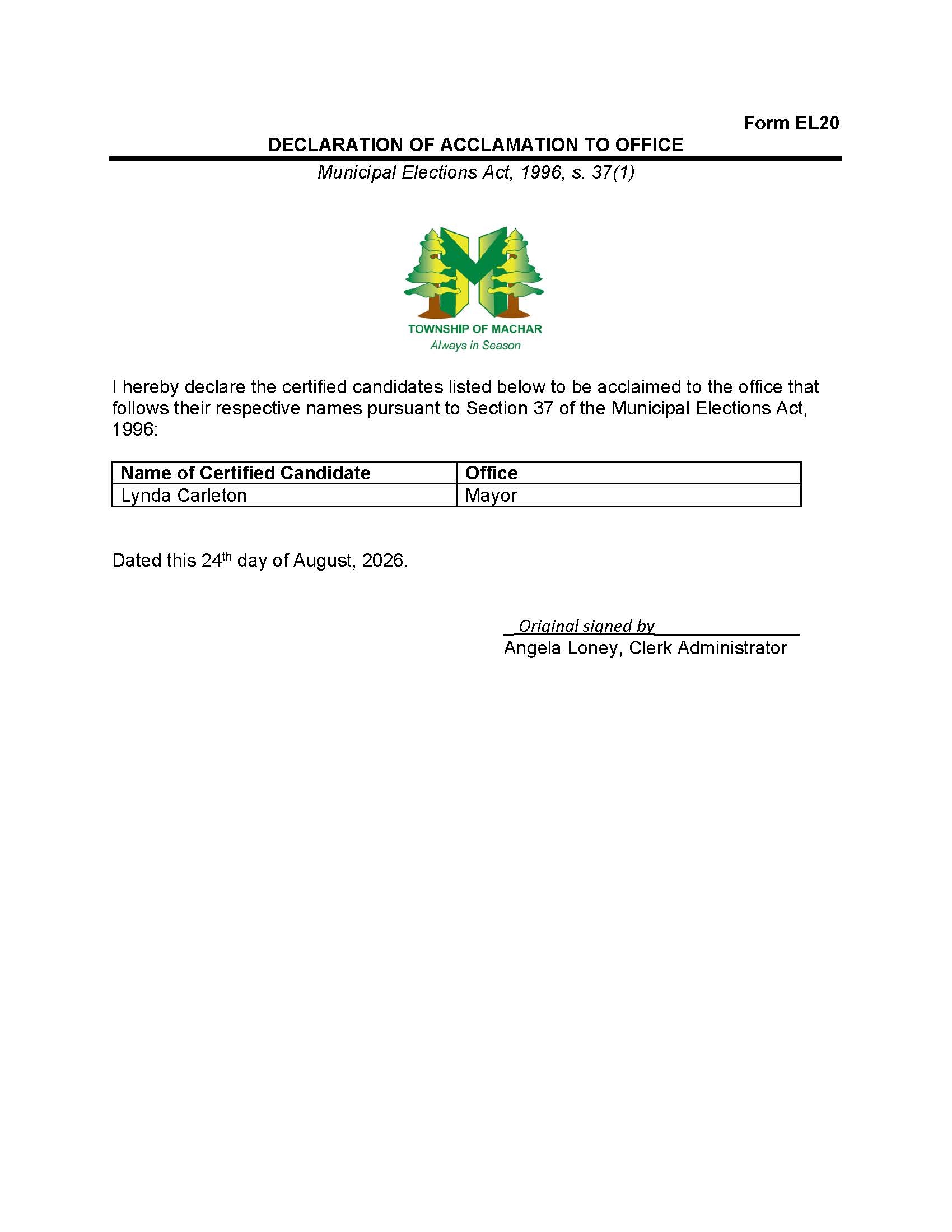 Declaration of Acclamation Machar - Carleton - Mayor