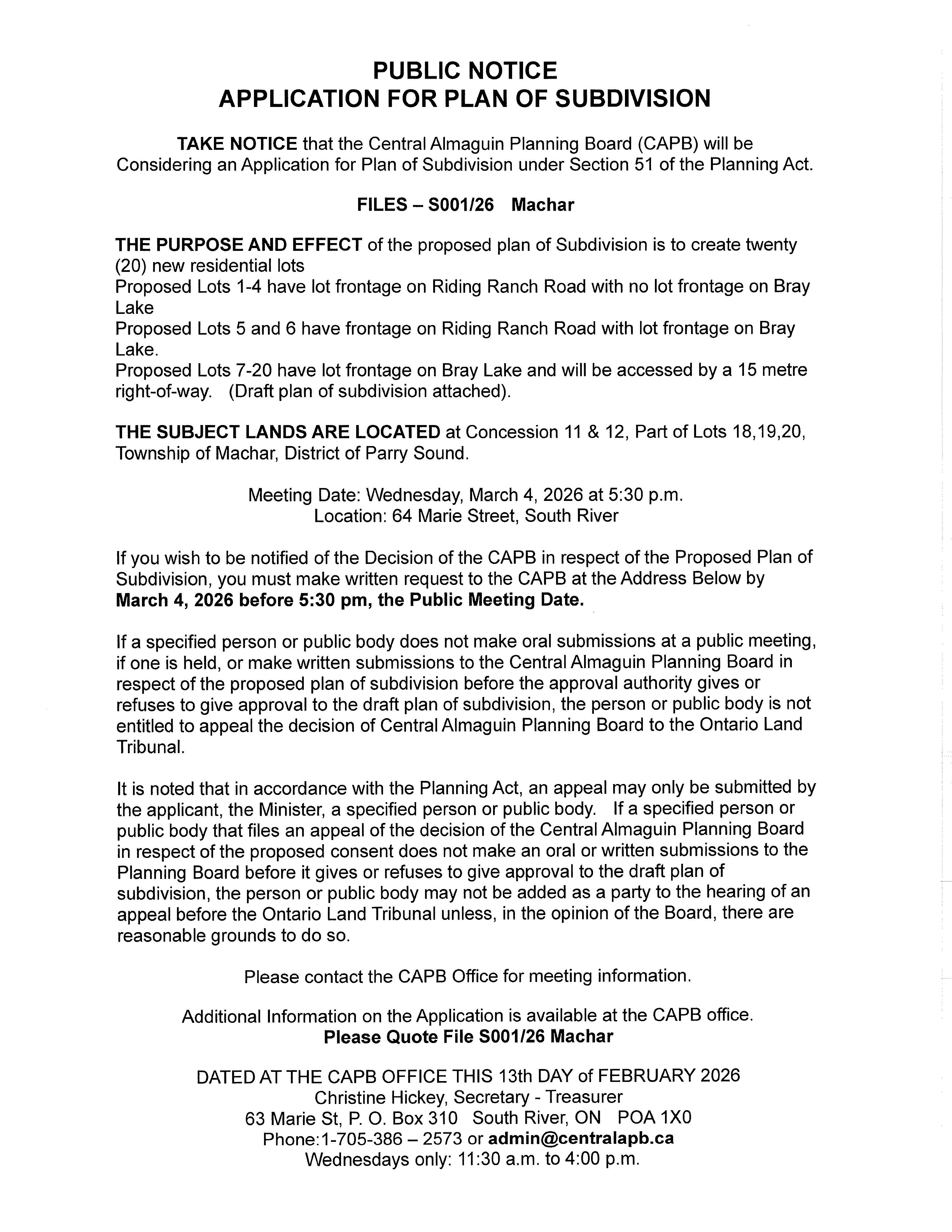 Public Planning Board Meeting Notice - Bray Lake Subdivision Mar 4 2026