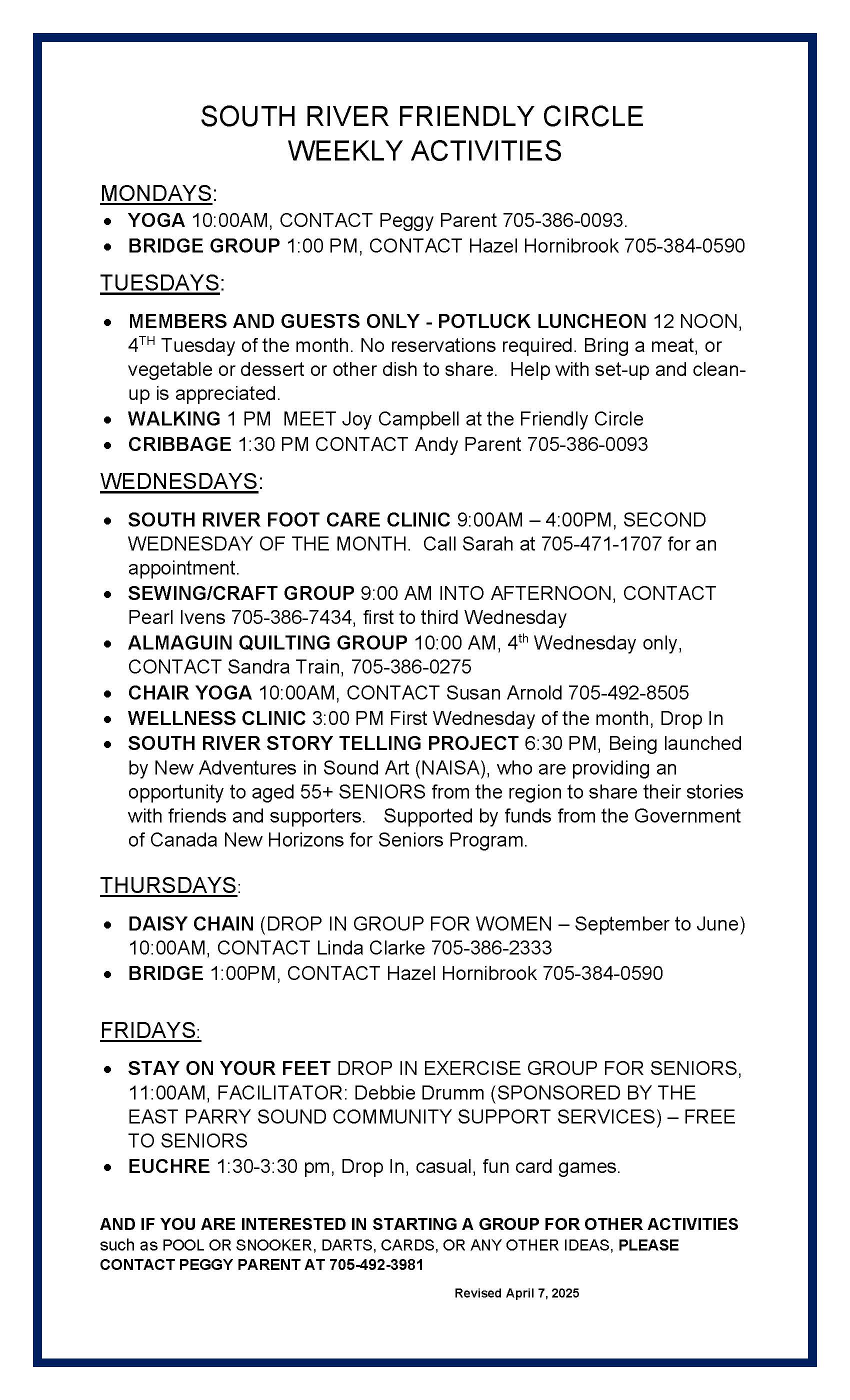 South River Friendly Circle Weekly Activities 2025