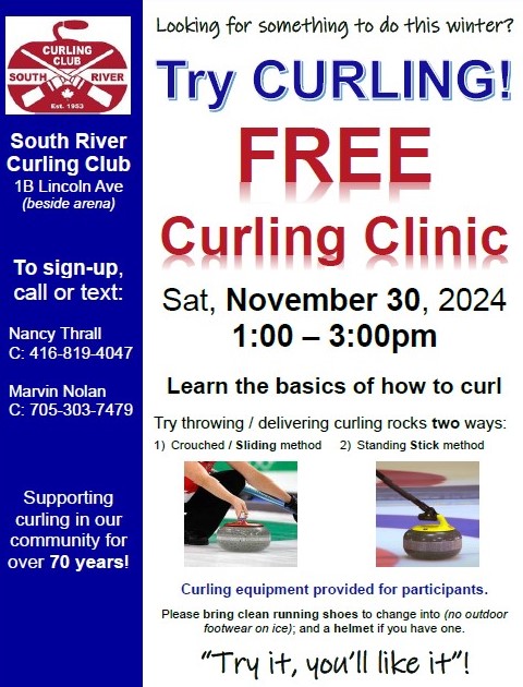 White poster with blue and red text inviting the public Try CURLING! FREE Curling Clinic Sat Nov 30, 2024 from 1-3 pm.